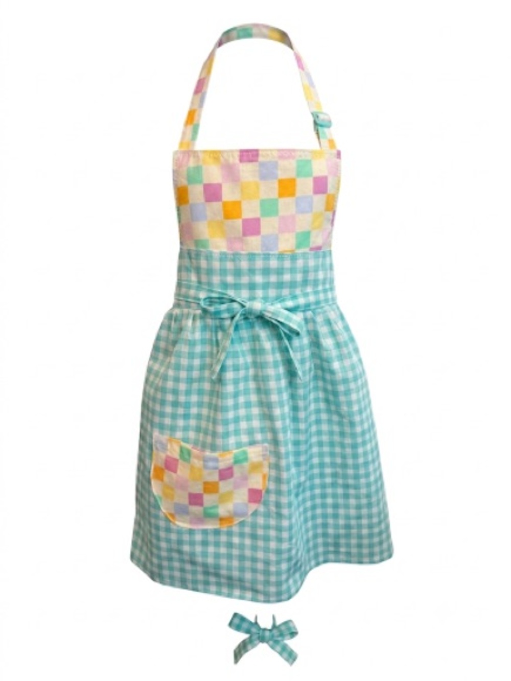 Pastel Aqua Gingham Kids Apron with Multicolor Check Accents